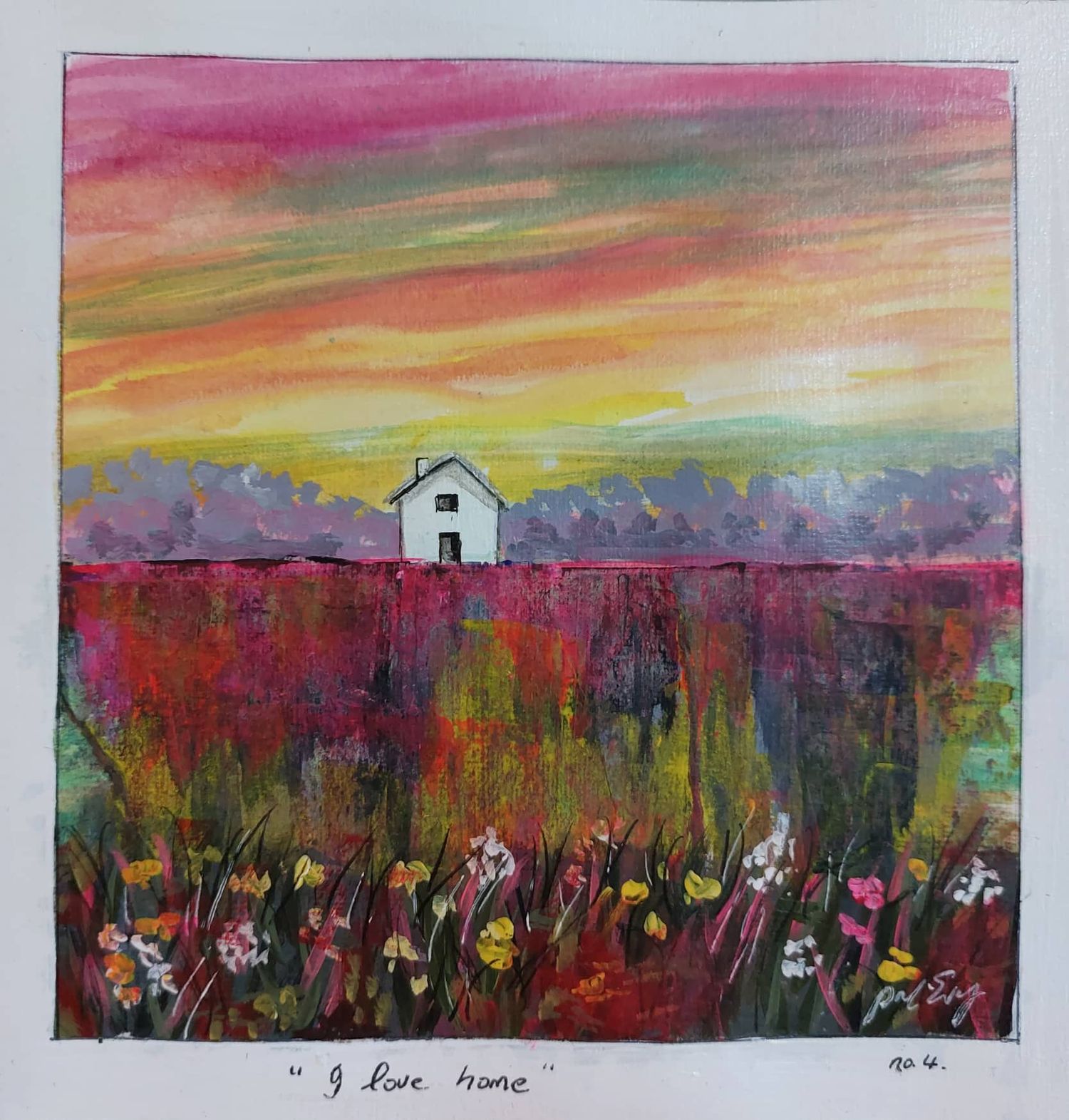 Watercolor painting depicting lone white house on horizon with colorful wildflower field below.