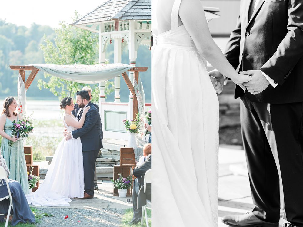 Side-by-side images of wedding ceremony under wooden arch and closeup of hands.
