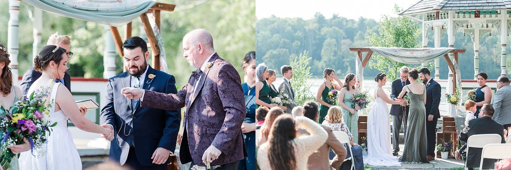 Wedding celebration under gazebo with colorful bunting and natural scenery.