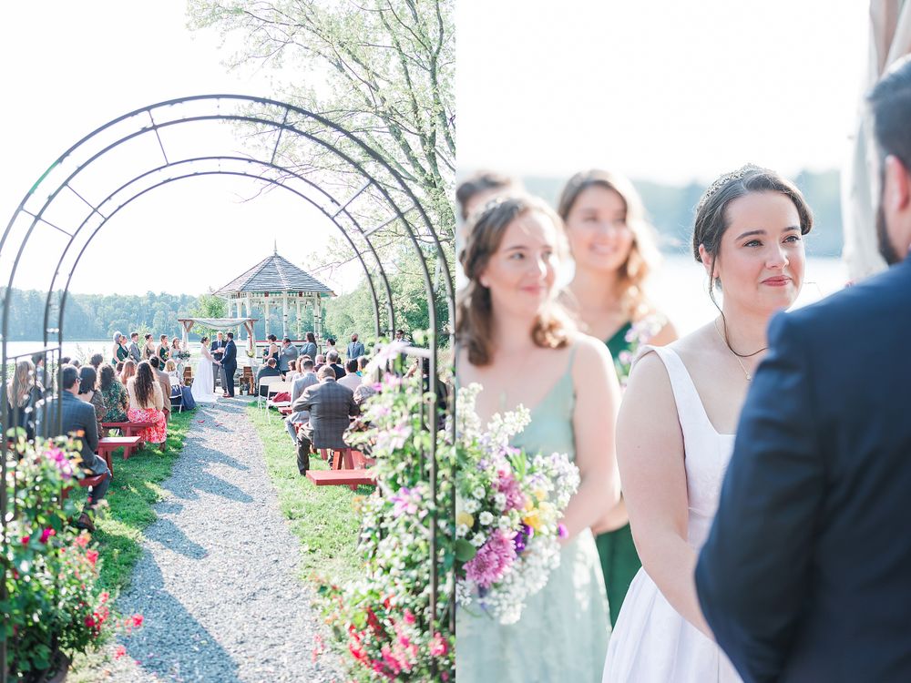 Garden wedding ceremony path with floral arch and attendants in emerald dresses.