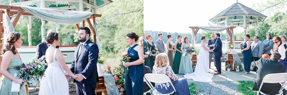 Panoramic view of outdoor wedding ceremony with guests seated under a decorated gazebo.