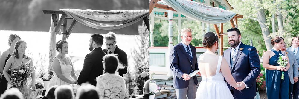 Collage of wedding ceremony moments showing both indoor and outdoor celebrations.
