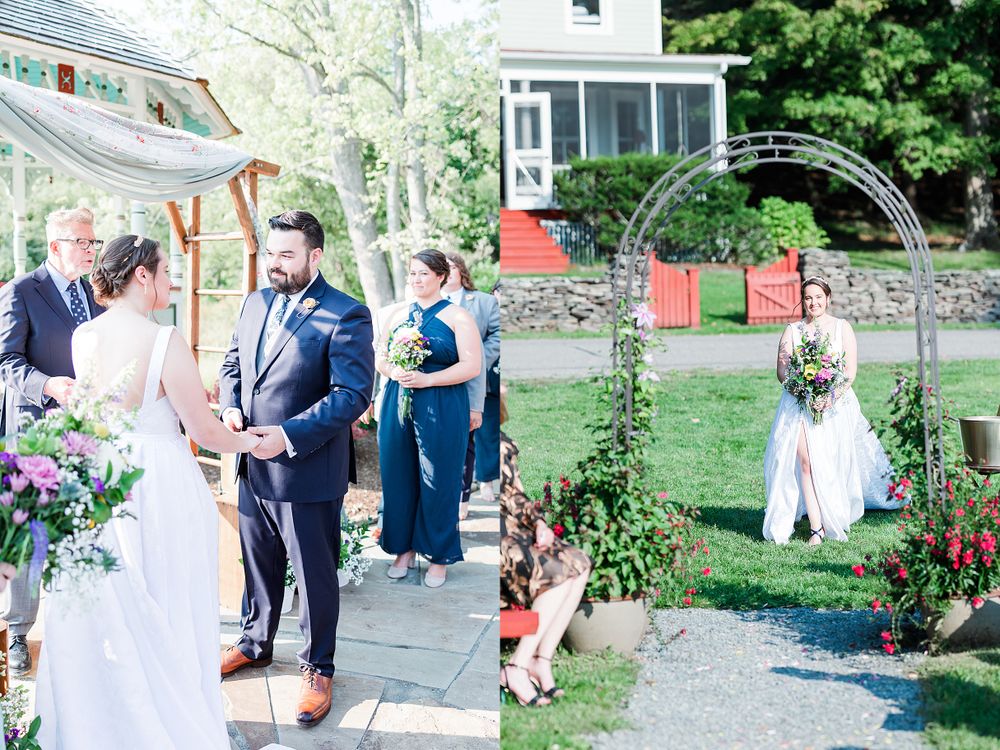 Outdoor garden wedding ceremony with flower-covered arch and guests gathered on a stone path.