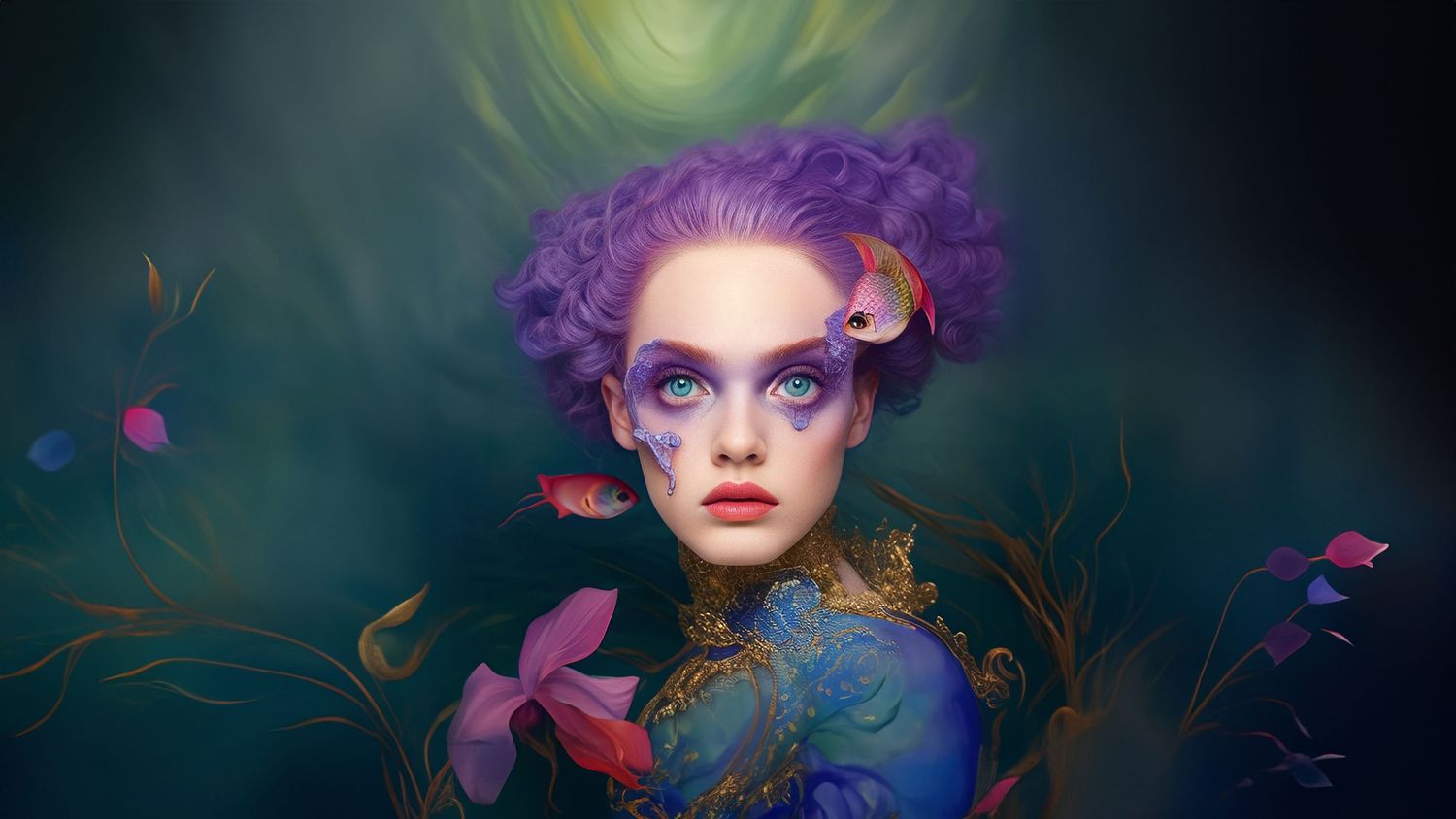 Ethereal fantasy portrait with purple hair and floating butterflies in mystical lighting.