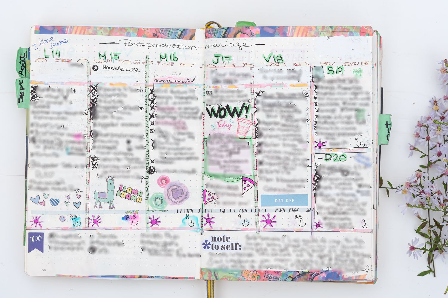 A colorful weekly planner spread decorated with stickers and handwritten notes.