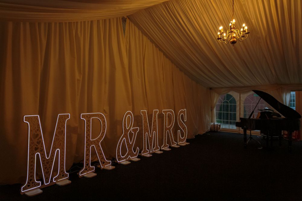 mr and mrs light up sign in the marquee at mercure hotel haydock