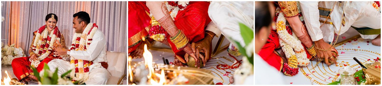 Traditional Indian wedding ceremony rituals showing sacred fire and ceremonial elements in rich red tones.