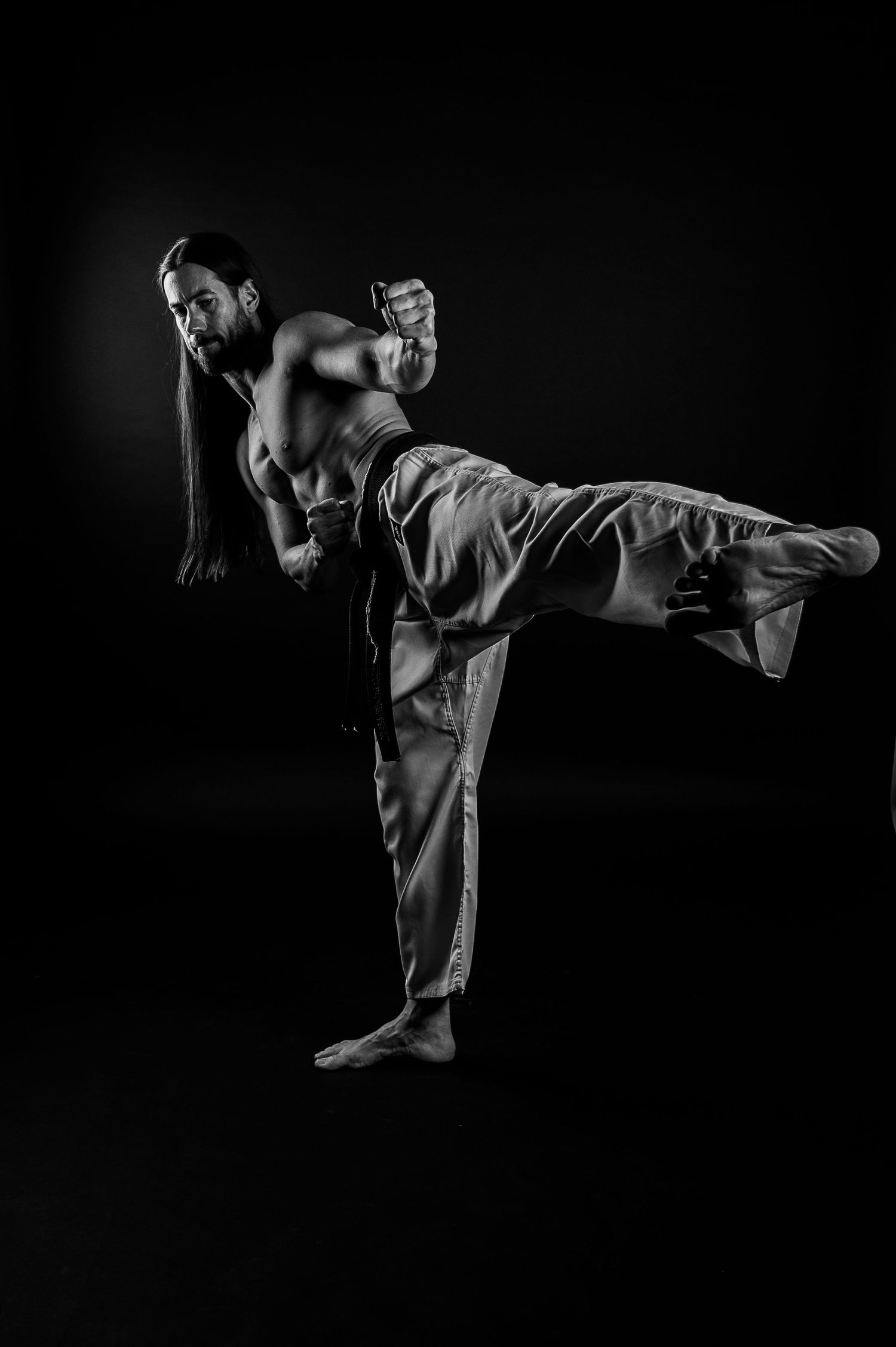 Martial artist executing high kick in dramatic black and white studio portrait.
