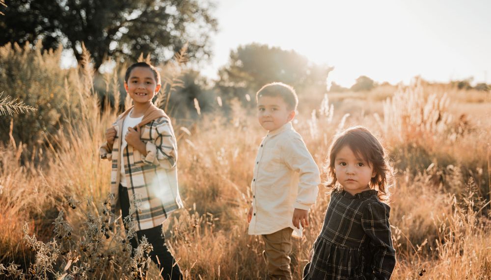 Panoramic family photoshoot in a sun-drenched meadow with golden hour lighting.