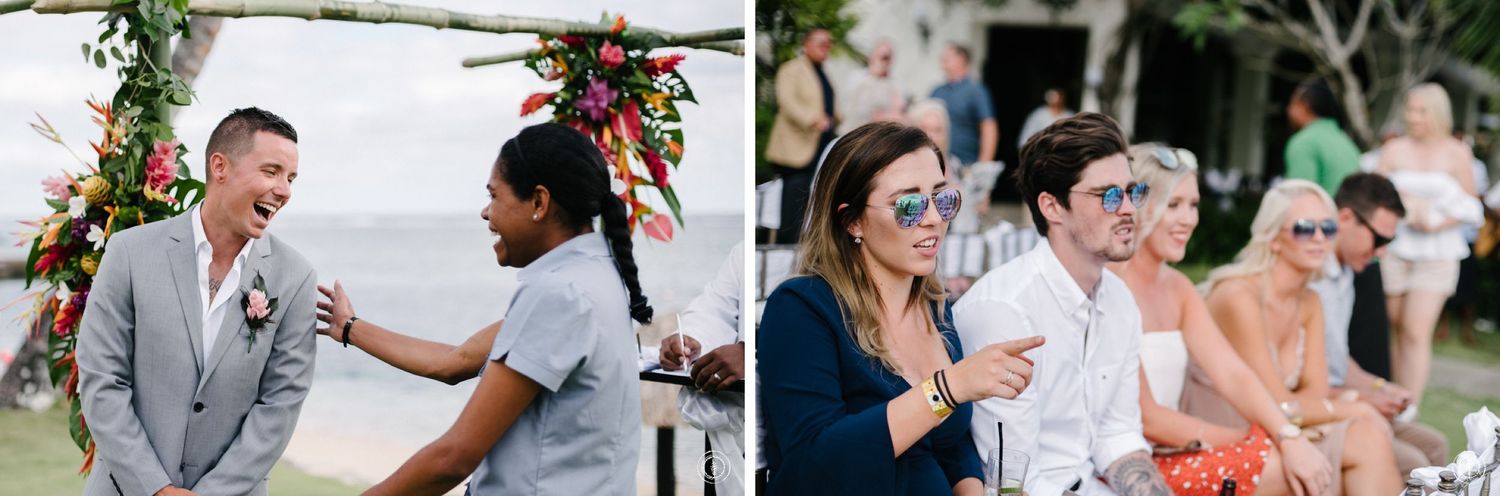 Candid moments during an outdoor wedding celebration with tropical scenery.