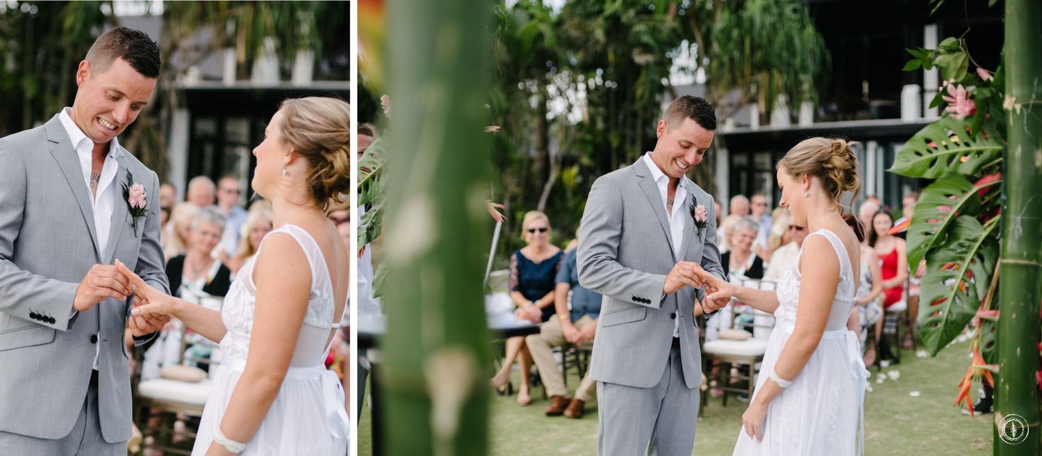 Two candid moments captured during an outdoor wedding ceremony with lush tropical landscaping.