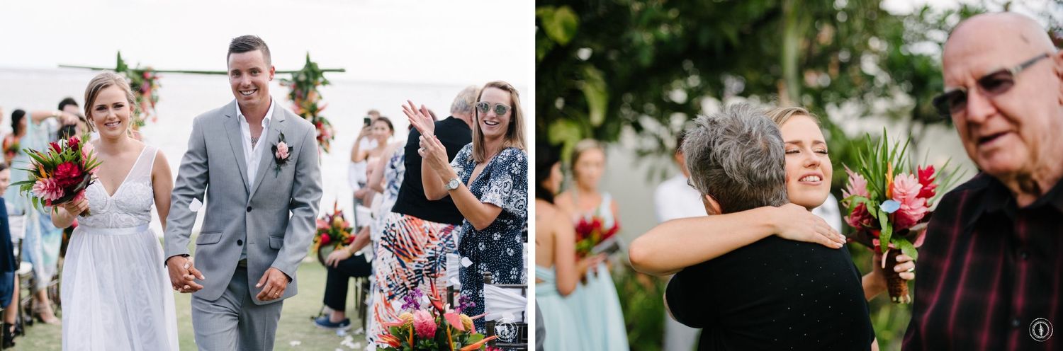 Side-by-side photos showing joyful moments from a tropical destination wedding celebration.