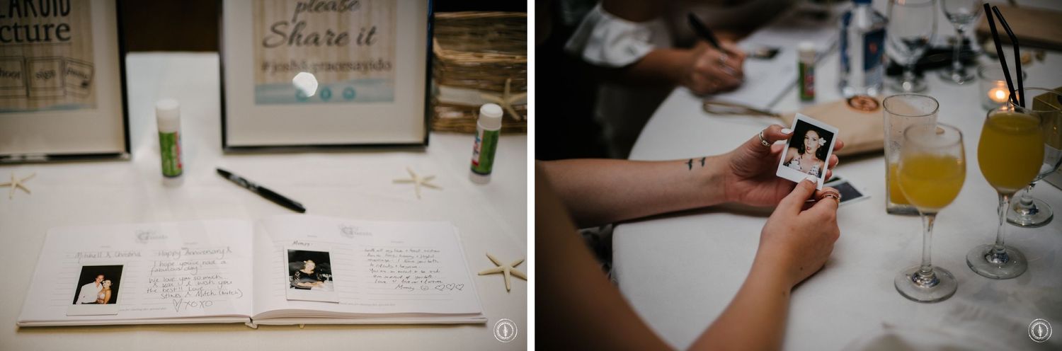 Wedding reception details showing guest book and drinks on table.