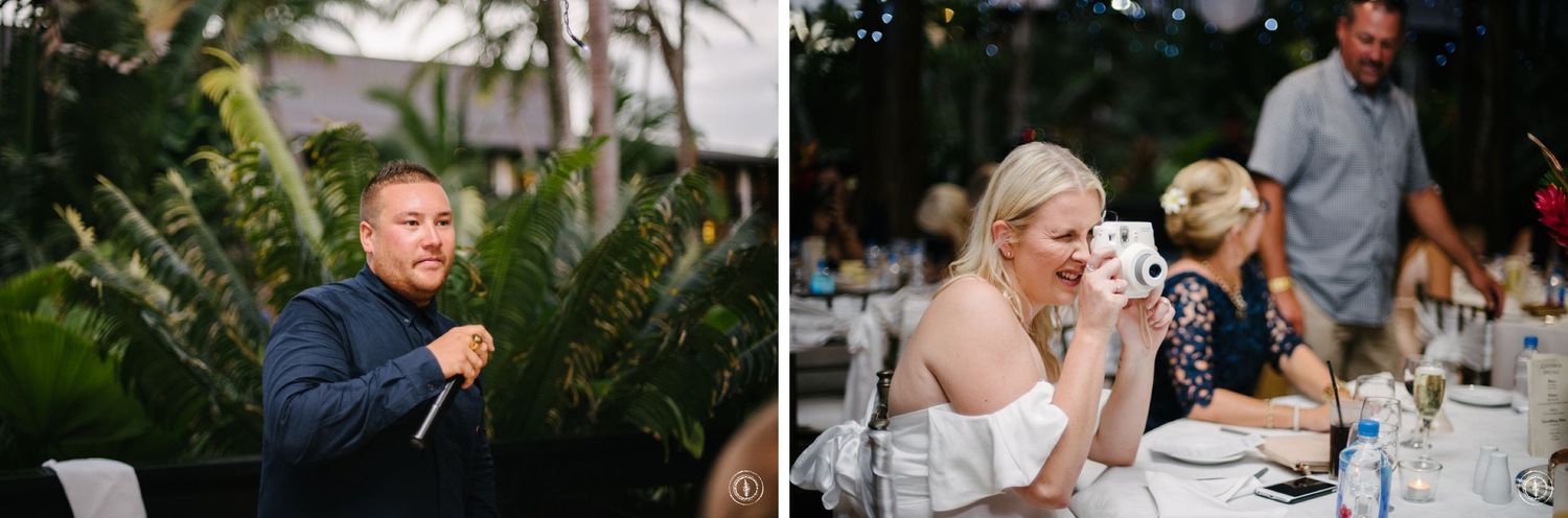 Candid moments captured during an outdoor tropical wedding reception.