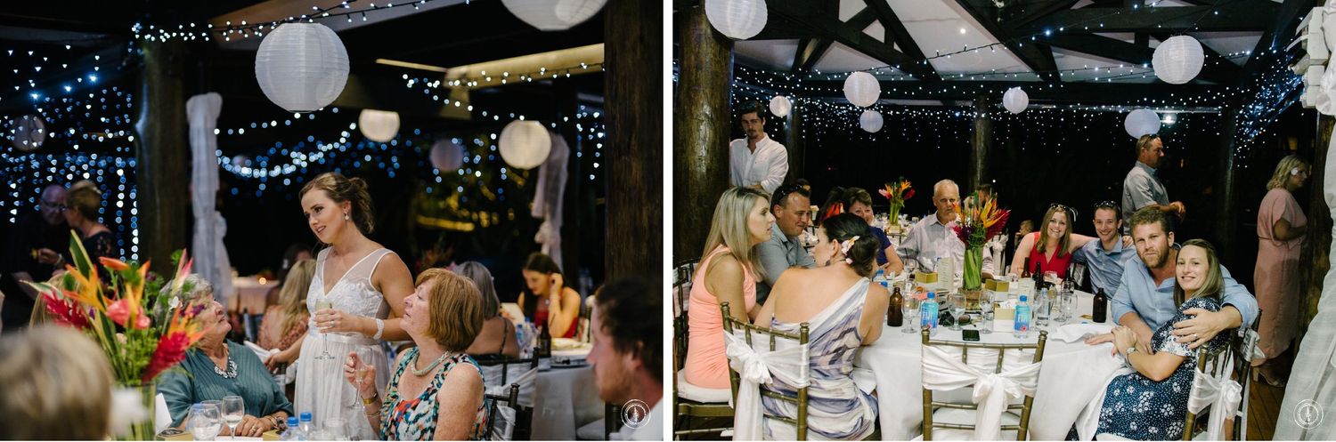 Wedding reception dining area with paper lanterns and festive atmosphere.