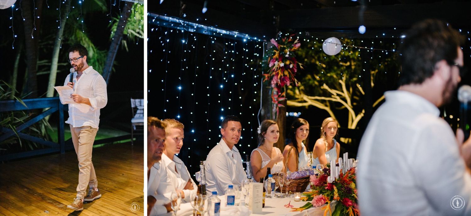 Split view of wedding reception with guests dining under string lights and tropical decor.
