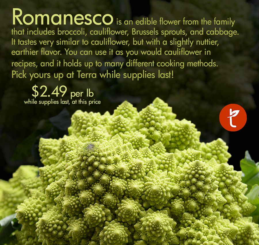 Fresh romanesco broccoli with detailed fractal patterns and product description text.
