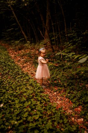A magical forest scene with soft lighting and a pink dress among autumn leaves.