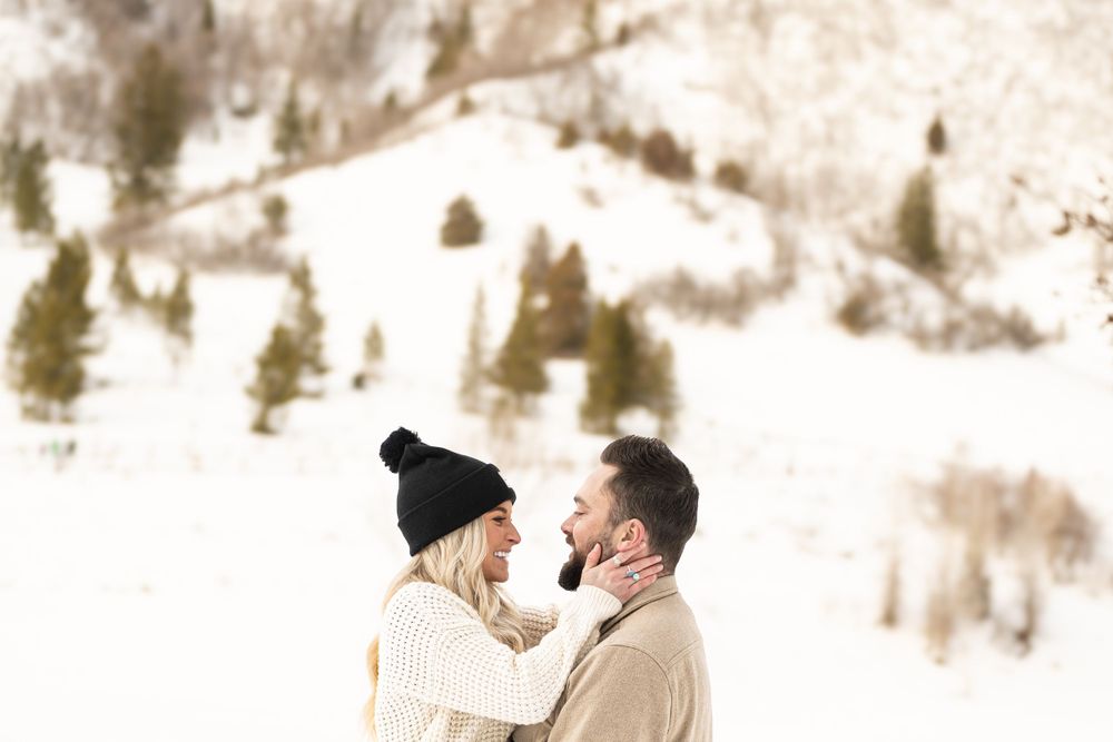 Winter wonderland engagement photo in Utah County