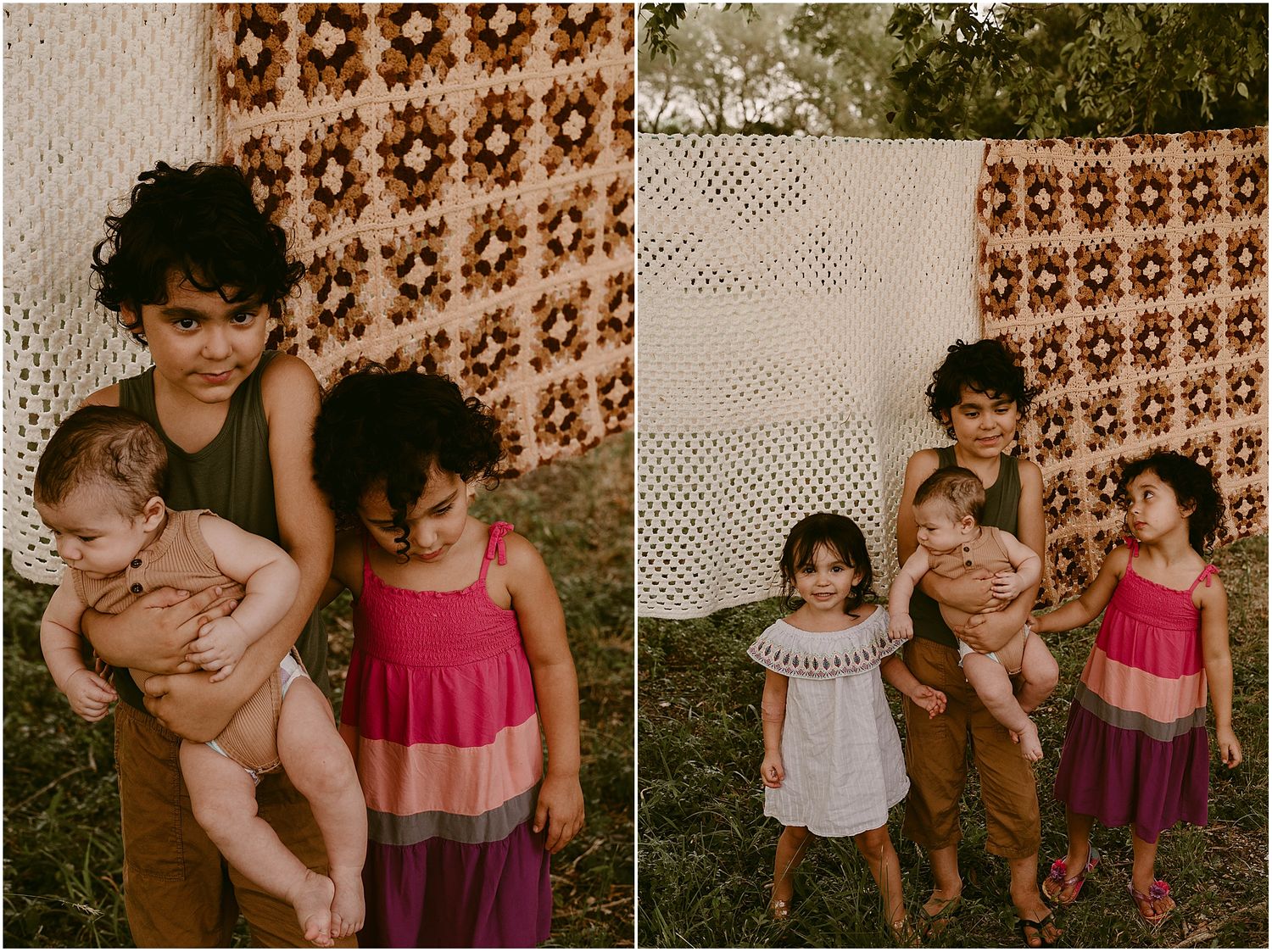 Children gathered together outdoors against white and brown patterned fabric backdrops.