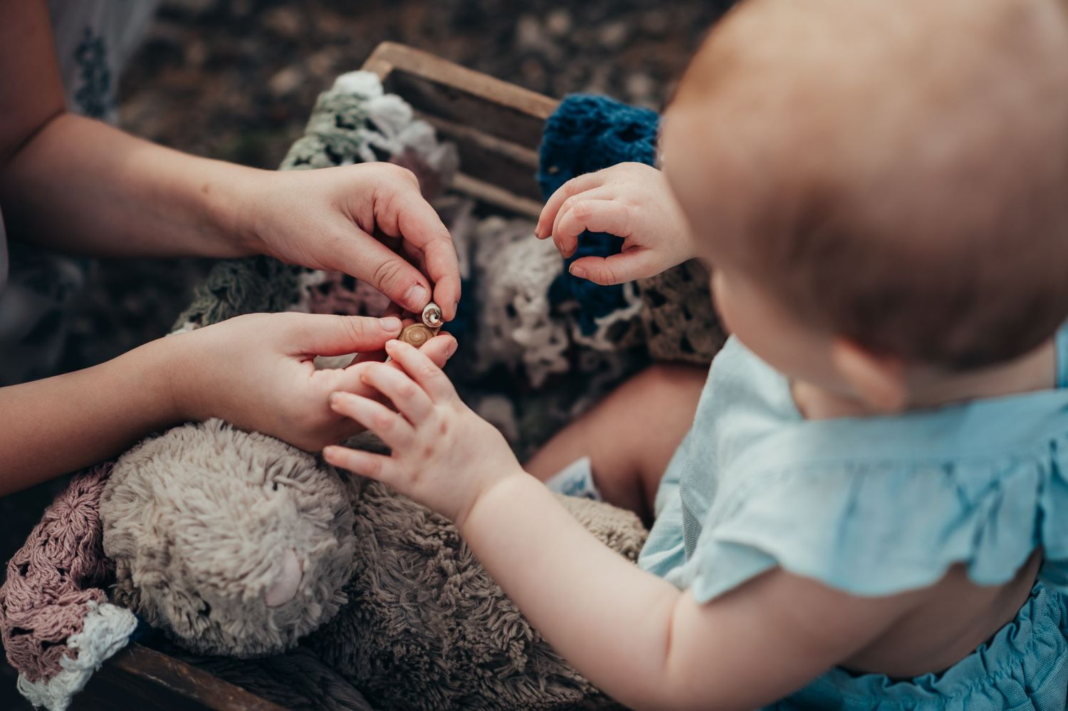 big sister holds out tiny shells the found for baby sister to look at during raccoon mountain photo session
