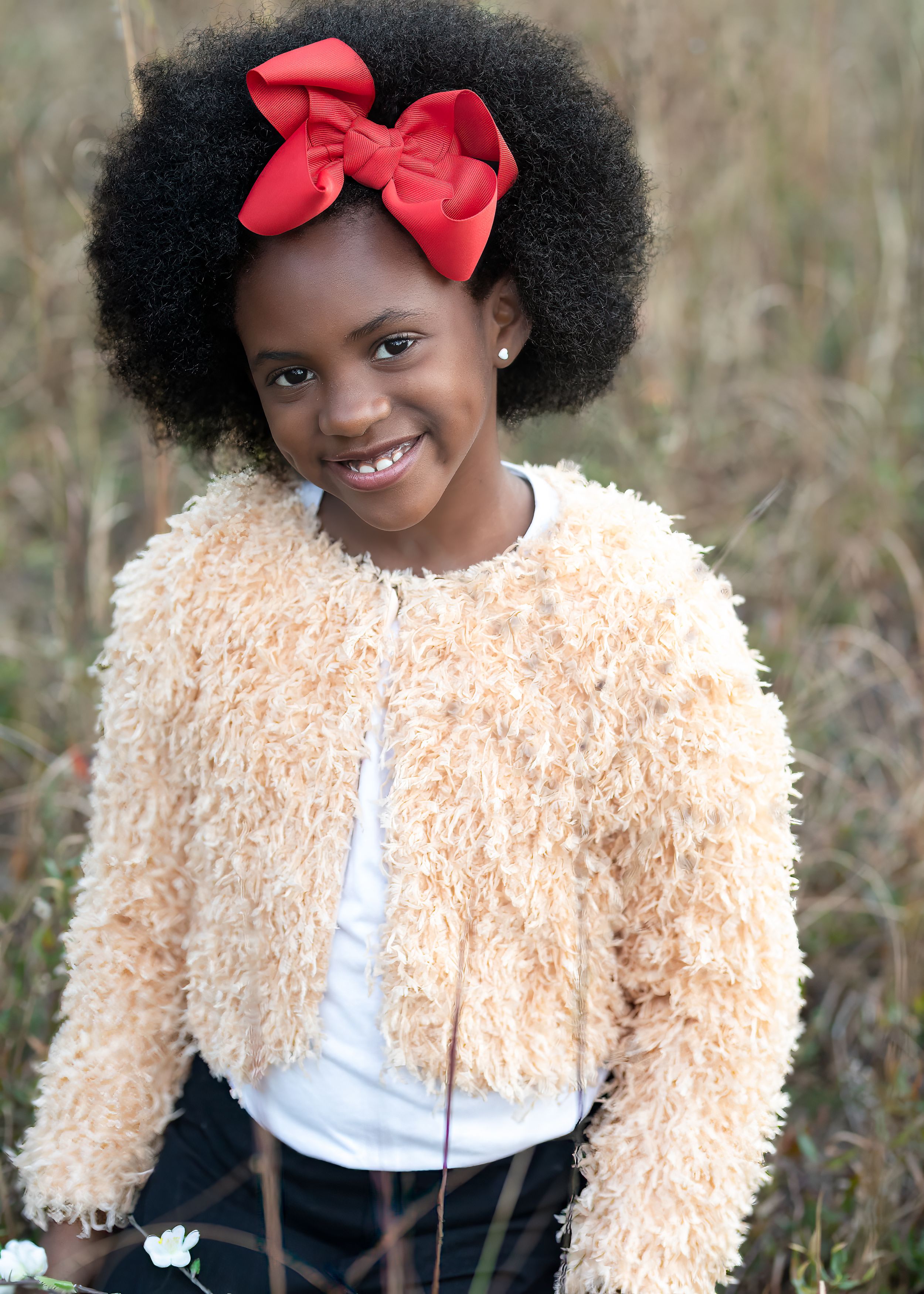 Portrait of Little Girl with Big Red Bow in Field