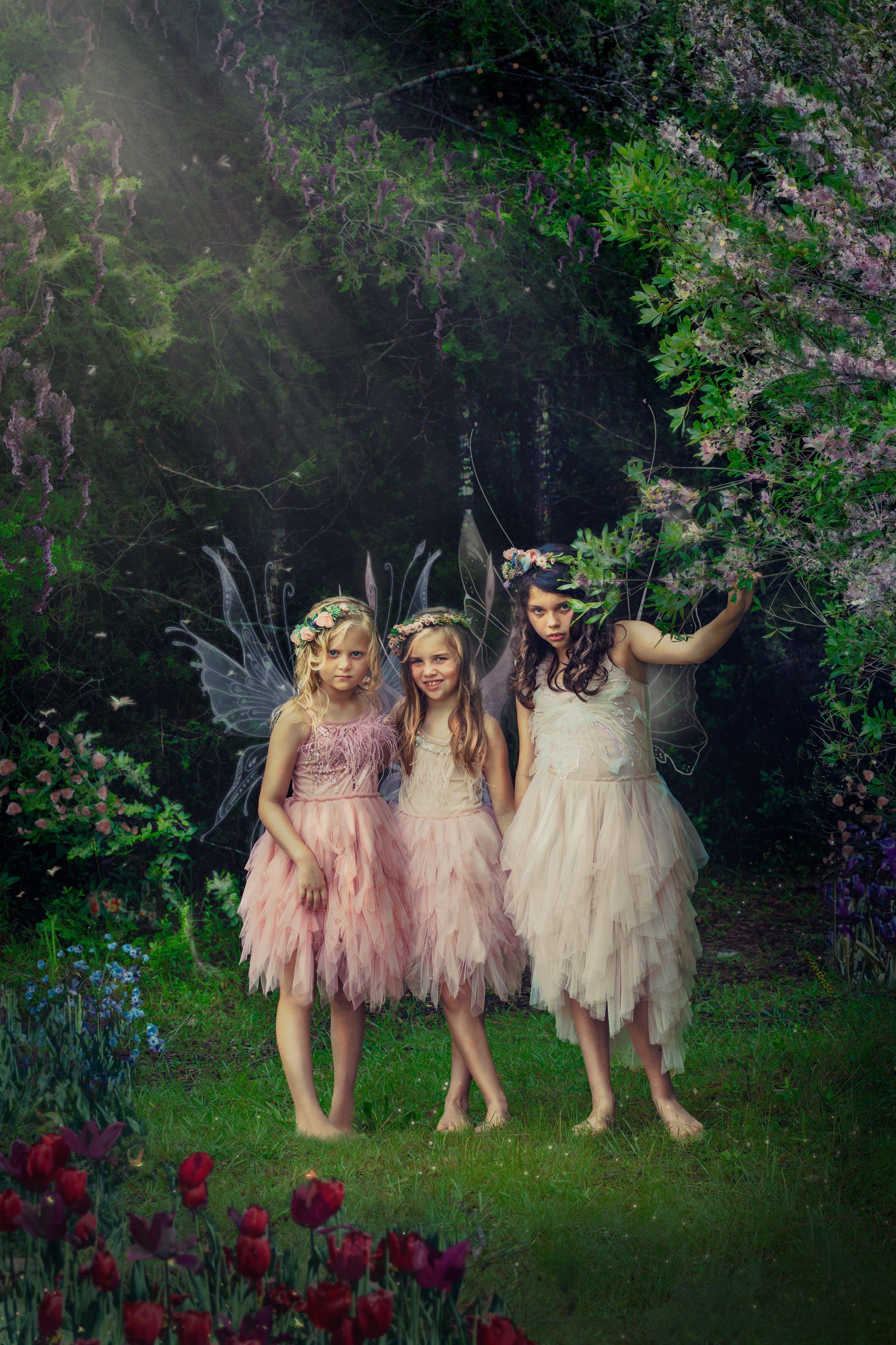 Portrait of Three Little Fairy Princesses in Woodland