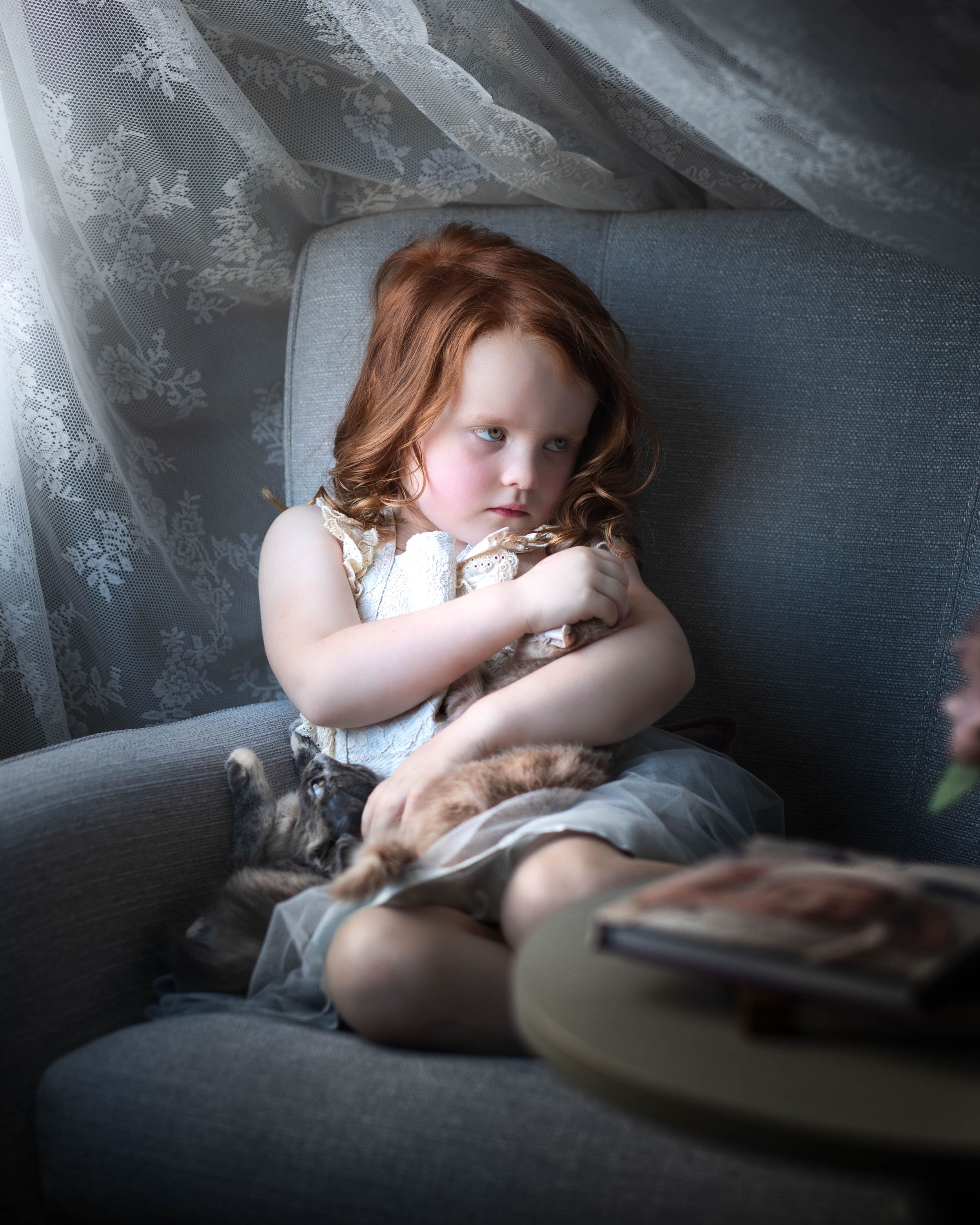 Painterly Portrait of Little Red-headed Girl with Kittens