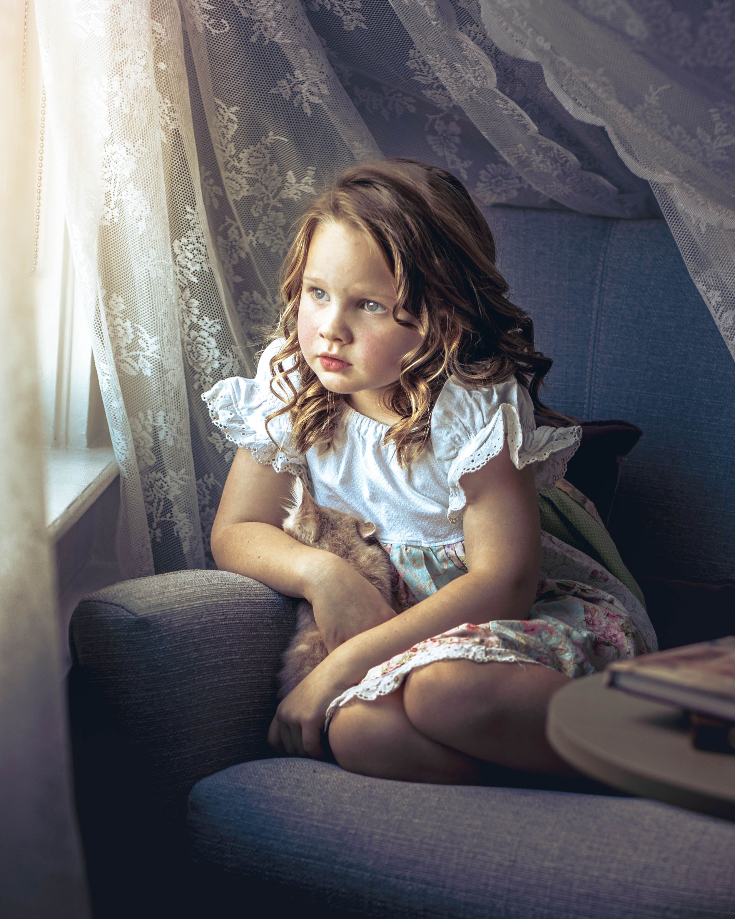 Painterly Portrait of Little Girl with Kittens