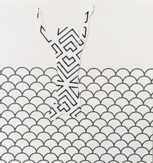 Abstract black and white pattern featuring geometric shapes and repetitive scalloped designs.