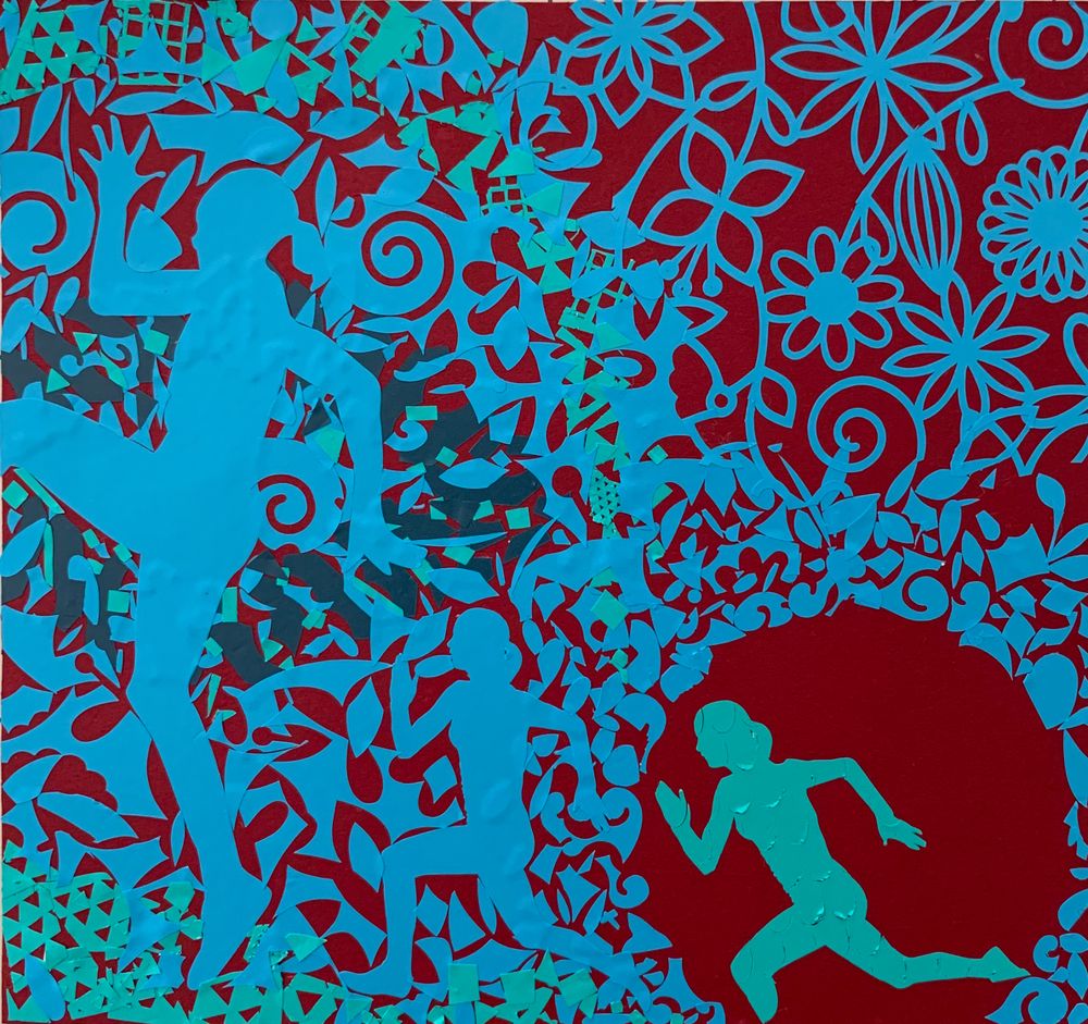 Abstract composition with running figures among floral patterns in blue and red.