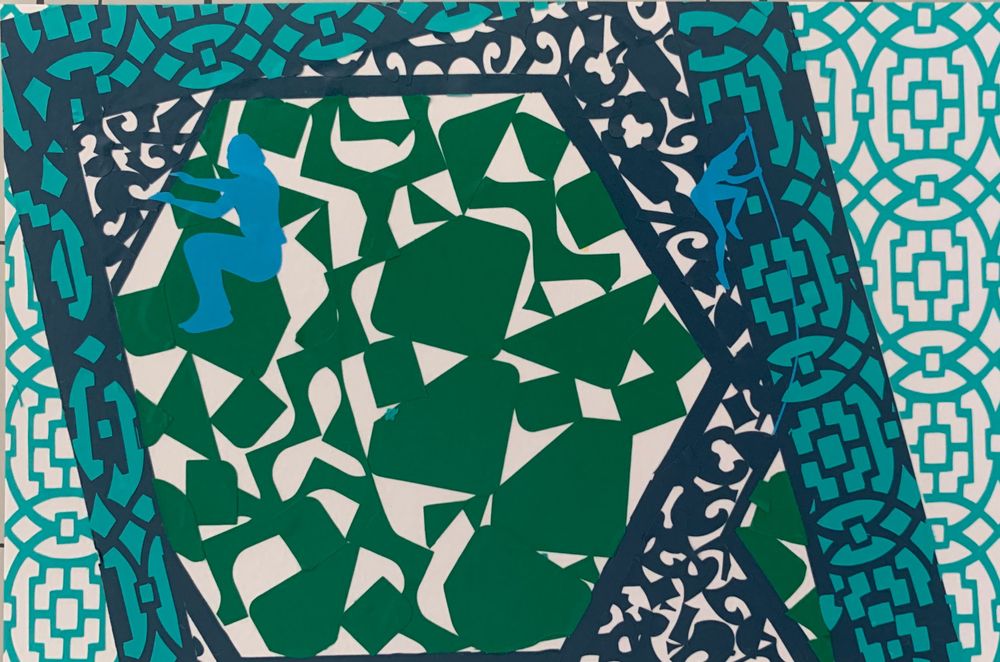 Geometric pattern in turquoise and green with intricate lattice designs.