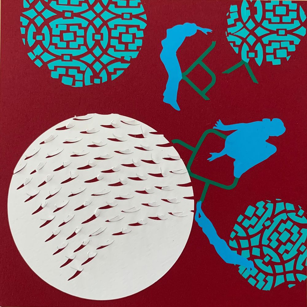 Blue figures climbing on geometric patterns against a red background with white circular design.