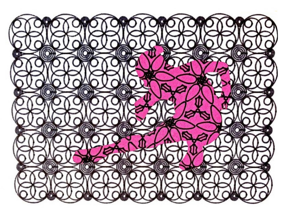 Pink floral design overlay on a black and white geometric pattern background.