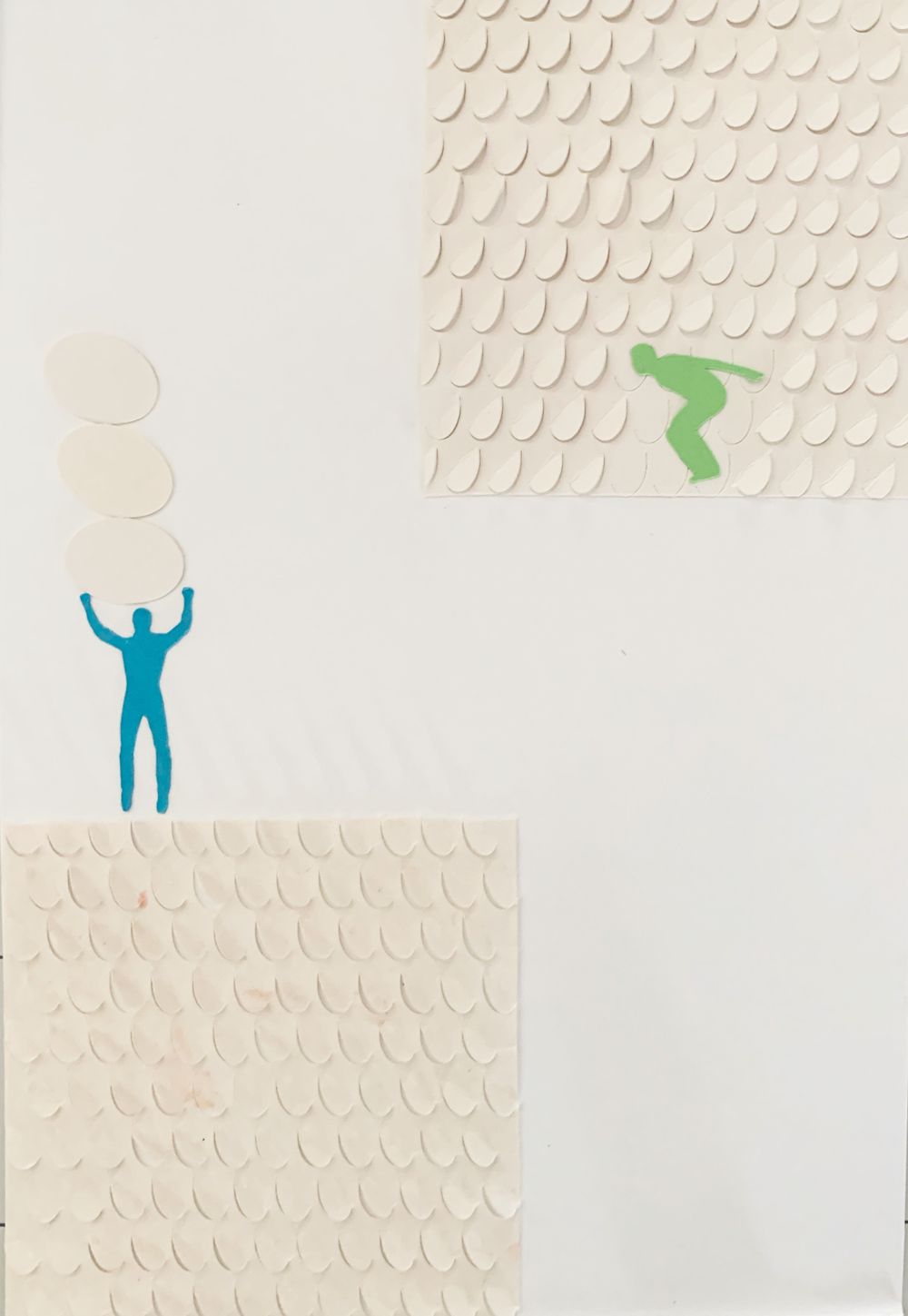 Blue and green figures on textured white background with circular pattern.