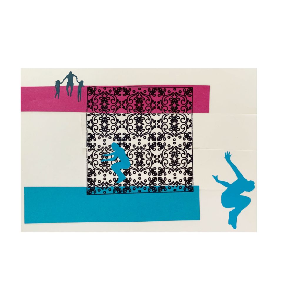 Minimalist composition with silhouettes against black and pink geometric patterns.