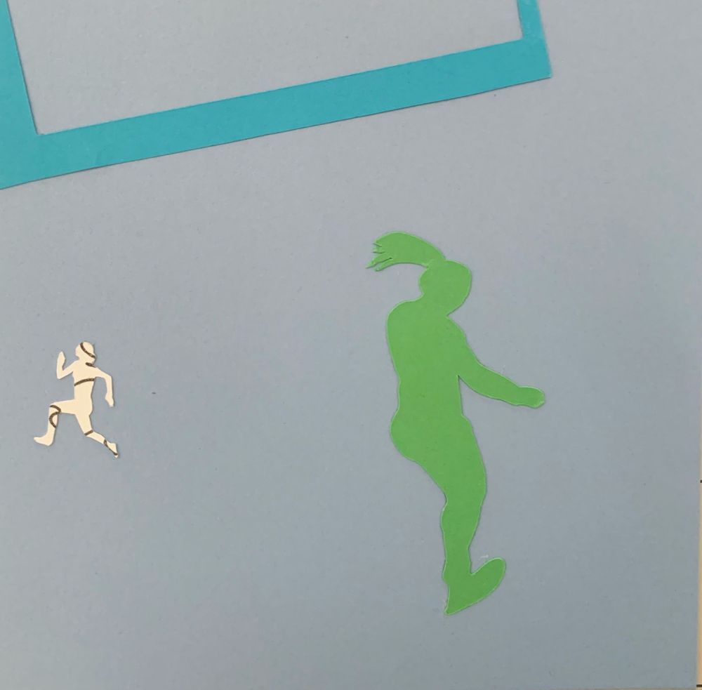 Two minimalist silhouettes, one green and one small white, appear against a gray background.