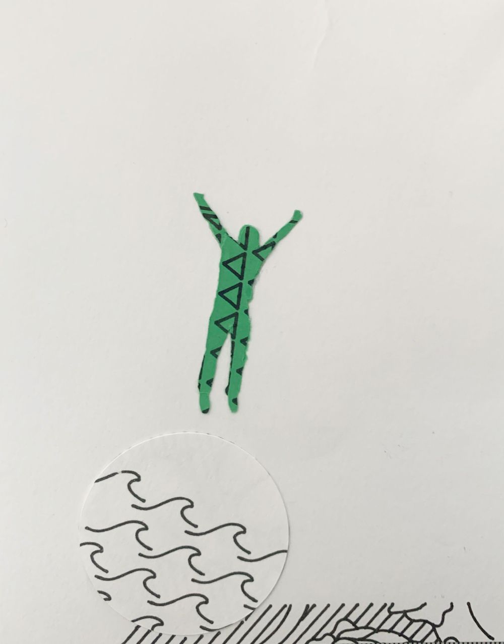 Green geometric figure jumping above a sketched wave pattern.