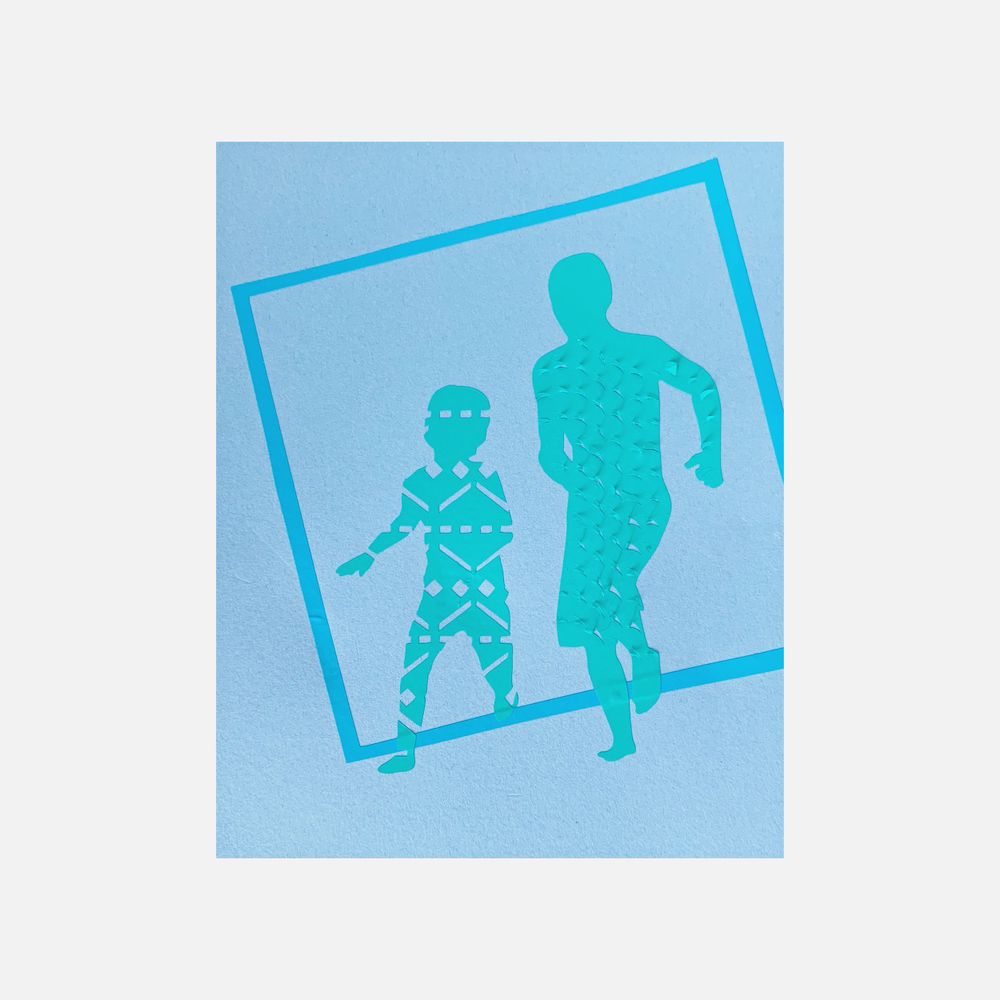 Blue silhouettes of two figures in a framed composition against a light background.