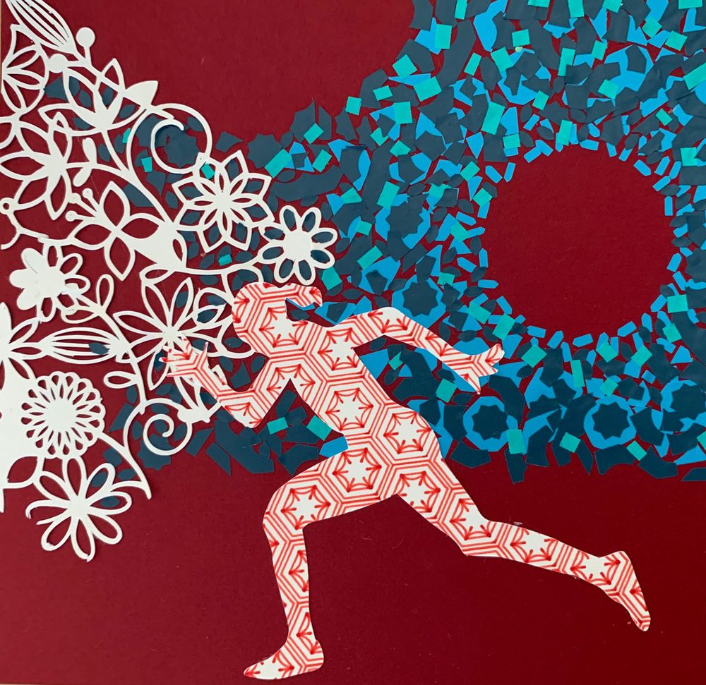 Red artwork with floral patterns and a running figure silhouette against turquoise geometric shapes.