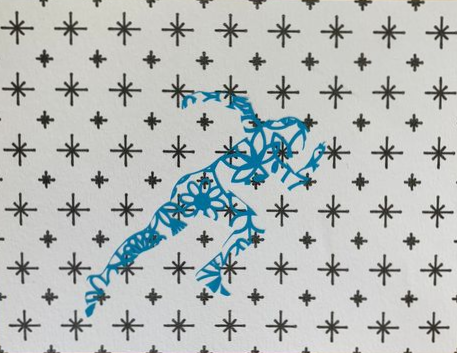 Blue running figure silhouette against a background of repeating star patterns.