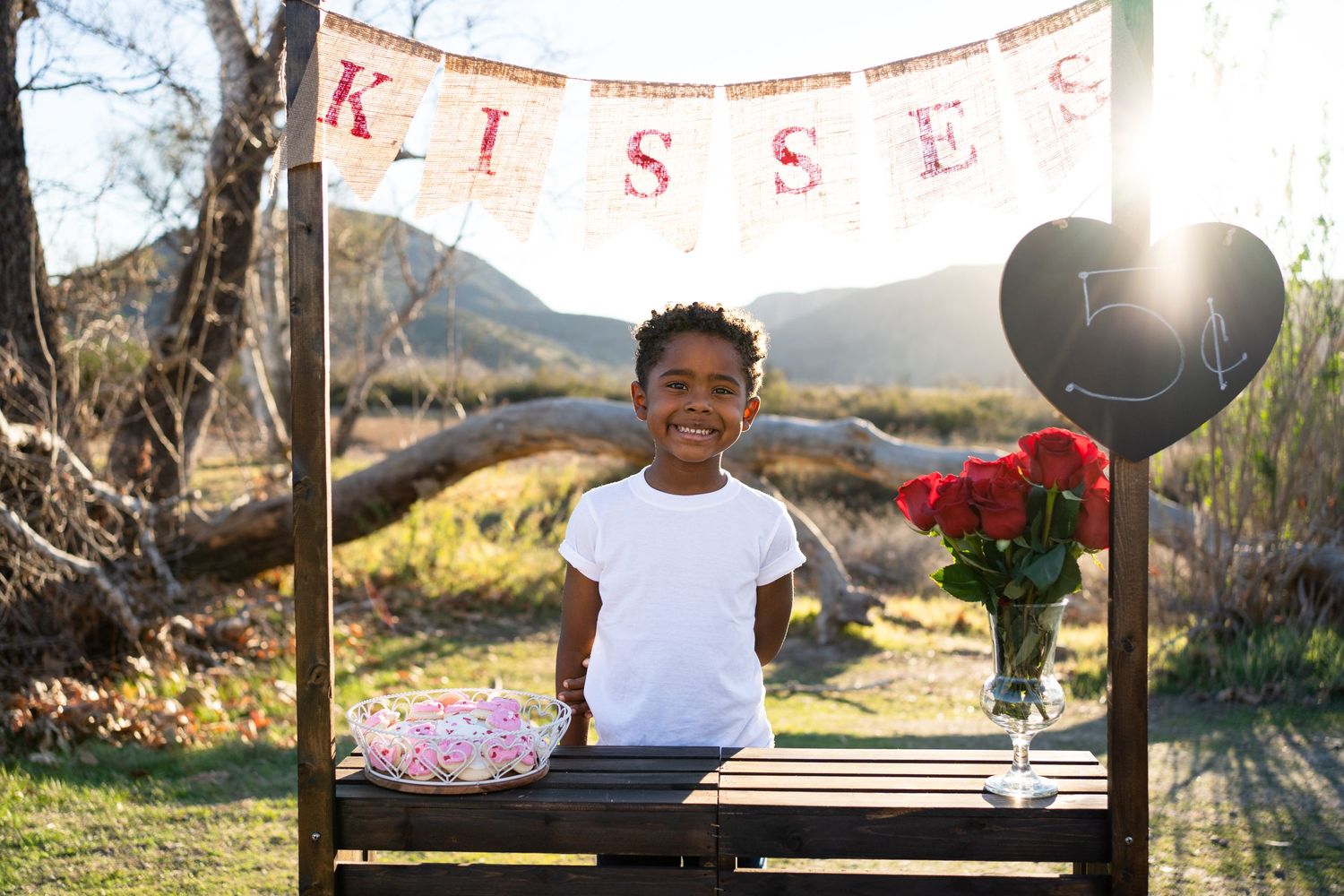 A romantic Valentine's day kissing booth setup outdoors with red roses and heart decorations against a mountain landscape.
