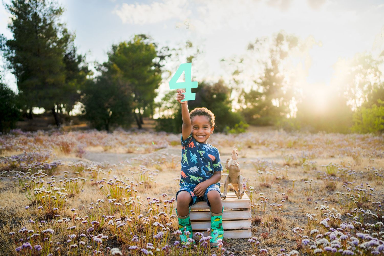 A small figure sits on vintage books in a sunlit field with wildflowers at golden hour.