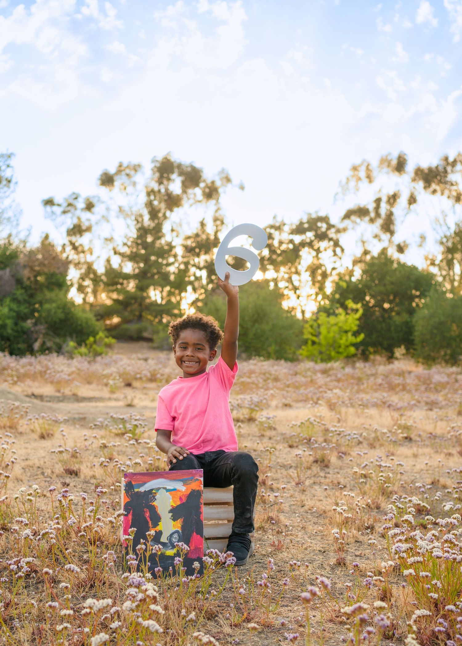 A child in a pink shirt sits on a record player case in a sunlit field with wildflowers.