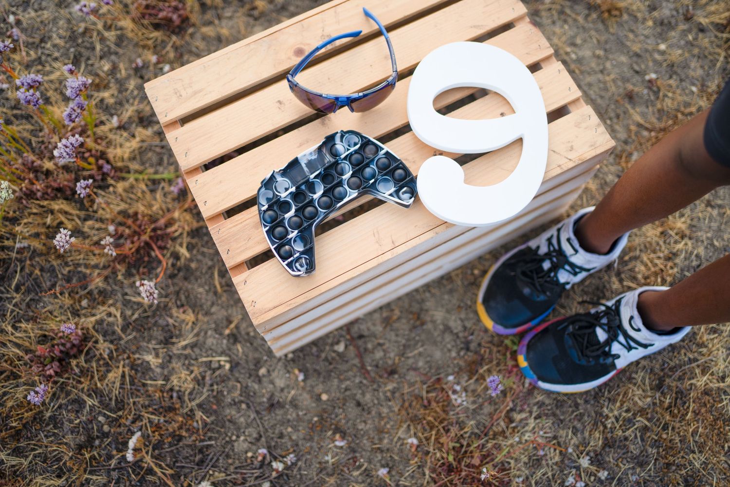 A wooden crate with a blue bandana and running shoes visible on the ground with purple flowers in the background.