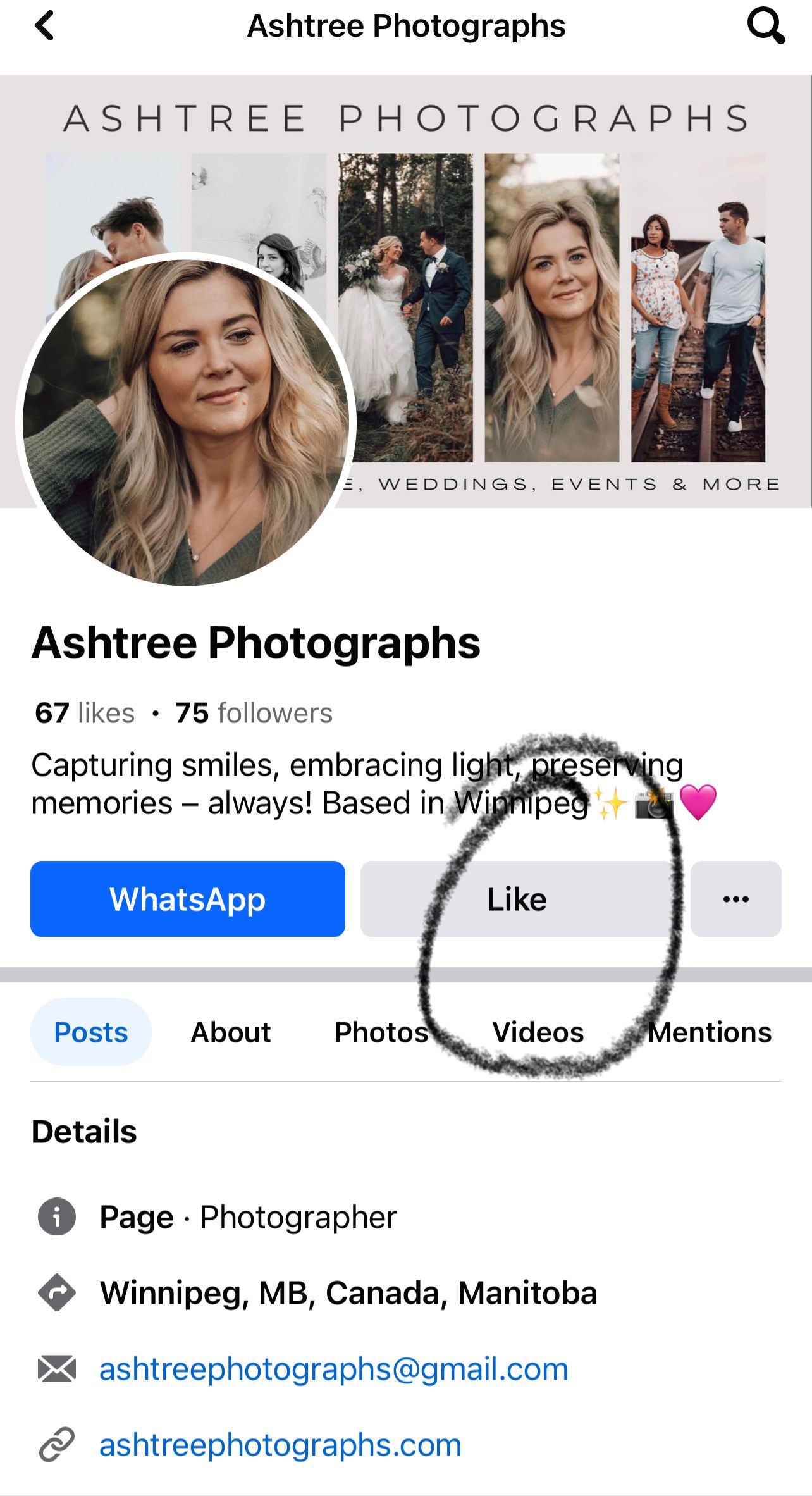 Facebook profile for Ashtree Photographs in Winnipeg showing photographer Ashley with 75 followers.
