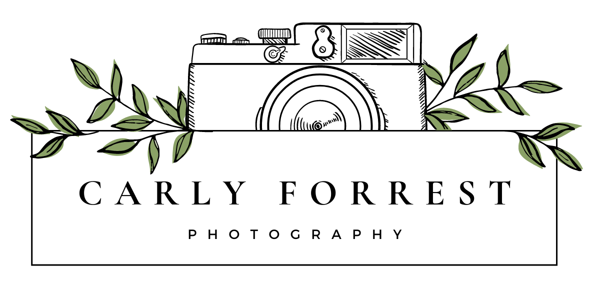 Carly Forrest Photography logo featuring a camera and leaves