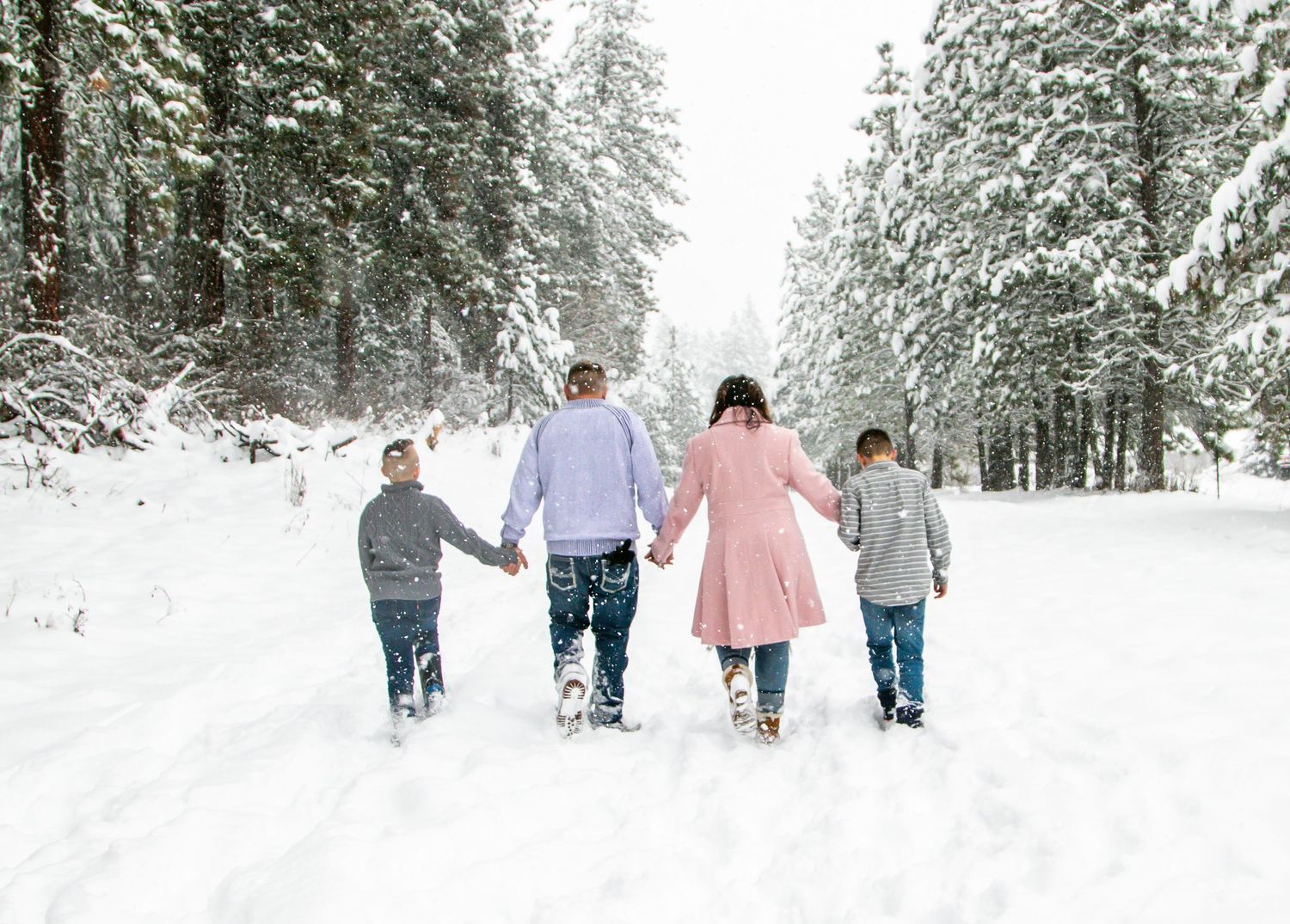 A group walks hand in hand through a snow-covered forest path on a winter day.