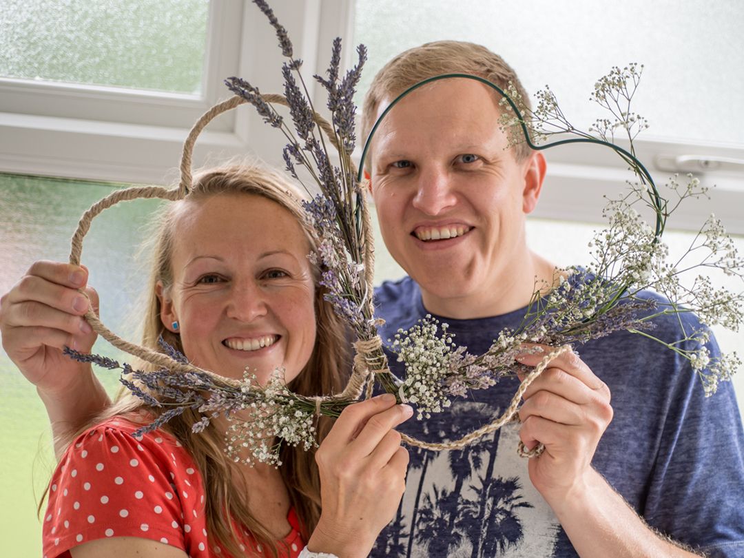 Couple engagement photo shoot, romantic style photography with lavender hearts, High Wycombe.