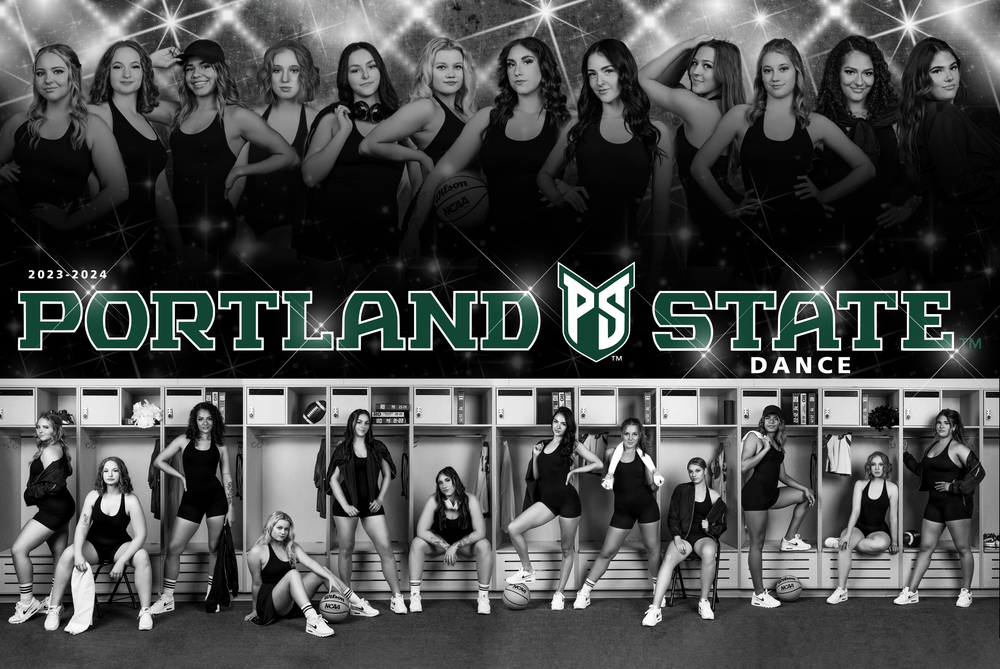 Portland State University Dance Team in black and white team poster featuring dancers posing in dark uniforms.